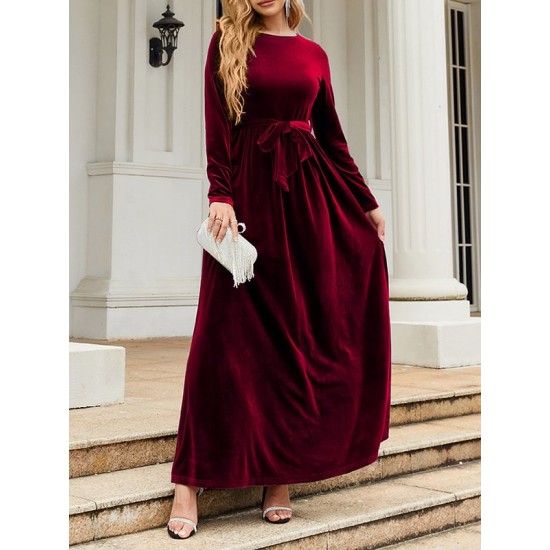 Belted Pleated Solid Color Zipper Long Sleeves Wrap Round-Neck Maxi Dresses