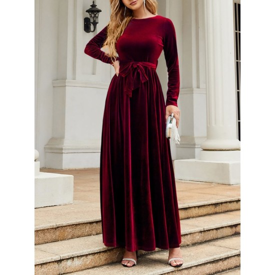 Belted Pleated Solid Color Zipper Long Sleeves Wrap Round-Neck Maxi Dresses