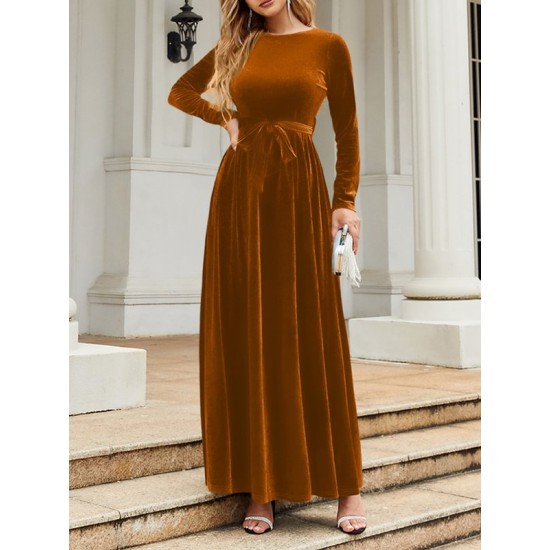 Belted Pleated Solid Color Zipper Long Sleeves Wrap Round-Neck Maxi Dresses