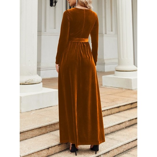 Belted Pleated Solid Color Zipper Long Sleeves Wrap Round-Neck Maxi Dresses