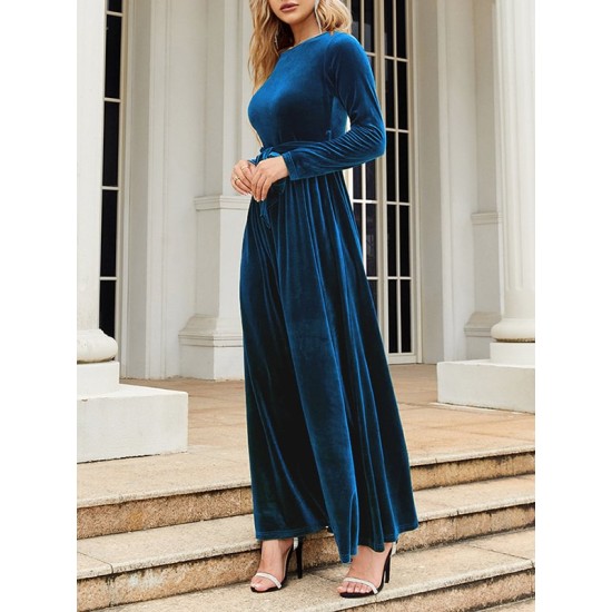 Belted Pleated Solid Color Zipper Long Sleeves Wrap Round-Neck Maxi Dresses