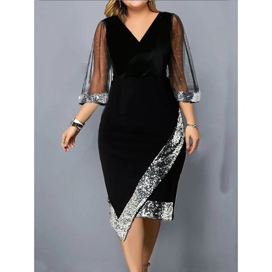 Contrast Color Mesh Sequined Split-Joint Bodycon Wrap V-Neck Midi Dresses