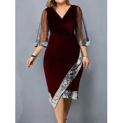 Contrast Color Mesh Sequined Split-Joint Bodycon Wrap V-Neck Midi Dresses