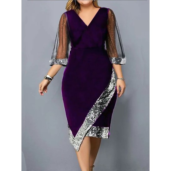 Contrast Color Mesh Sequined Split-Joint Bodycon Wrap V-Neck Midi Dresses