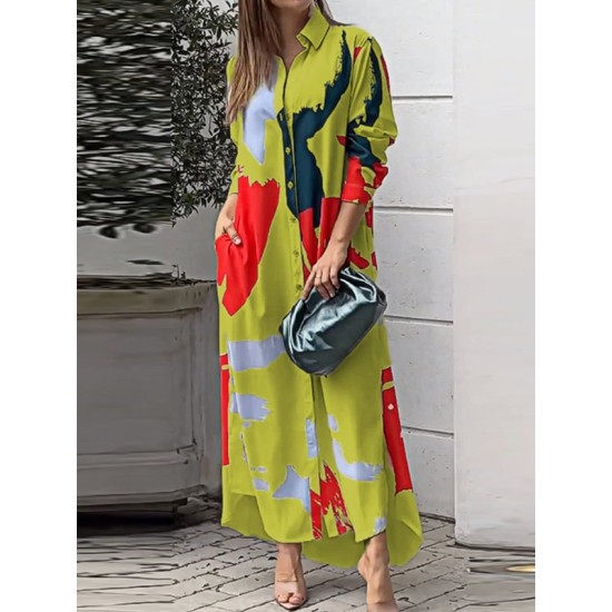 Buttoned Contrast Color Pockets Printed Split-Side Loose Wrap Shirt Dress