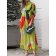 Buttoned Contrast Color Pockets Printed Split-Side Loose Wrap Shirt Dress