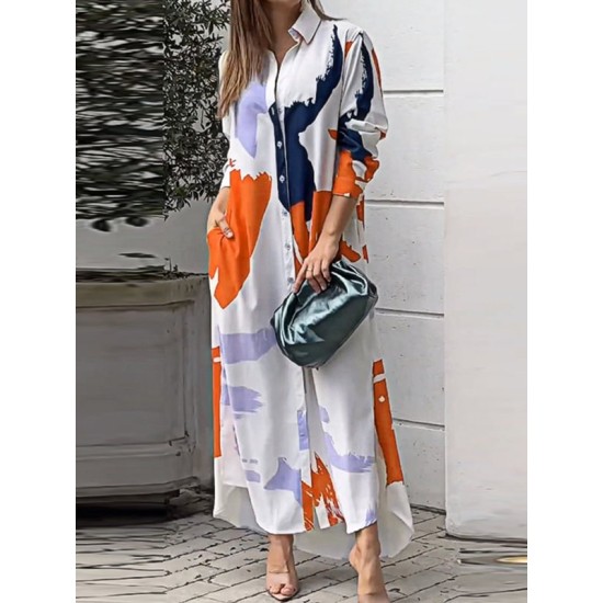 Buttoned Contrast Color Pockets Printed Split-Side Loose Wrap Shirt Dress