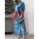 Buttoned Contrast Color Pockets Printed Split-Side Loose Wrap Shirt Dress