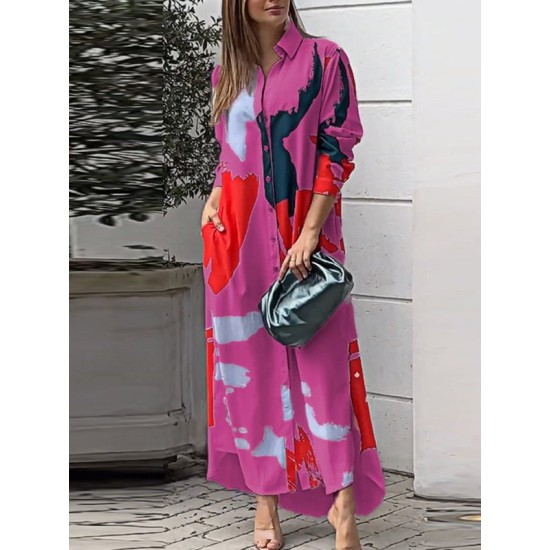 Buttoned Contrast Color Pockets Printed Split-Side Loose Wrap Shirt Dress