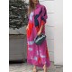 Buttoned Contrast Color Pockets Printed Split-Side Loose Wrap Shirt Dress