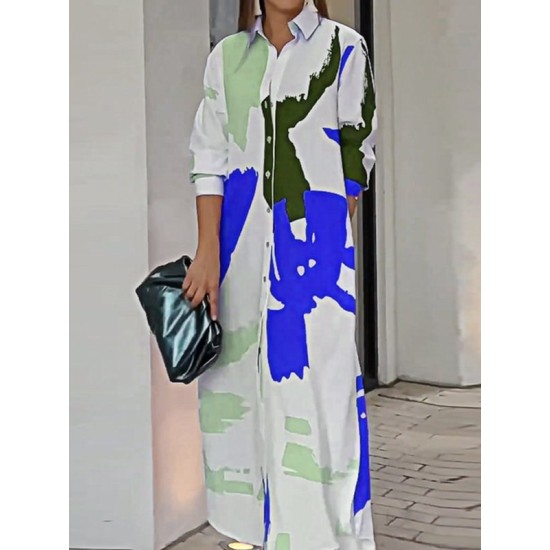 Buttoned Contrast Color Pockets Printed Split-Side Loose Wrap Shirt Dress