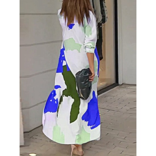 Buttoned Contrast Color Pockets Printed Split-Side Loose Wrap Shirt Dress