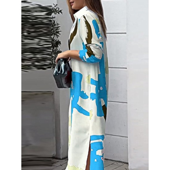 Buttoned Contrast Color Pockets Printed Split-Side Loose Wrap Shirt Dress