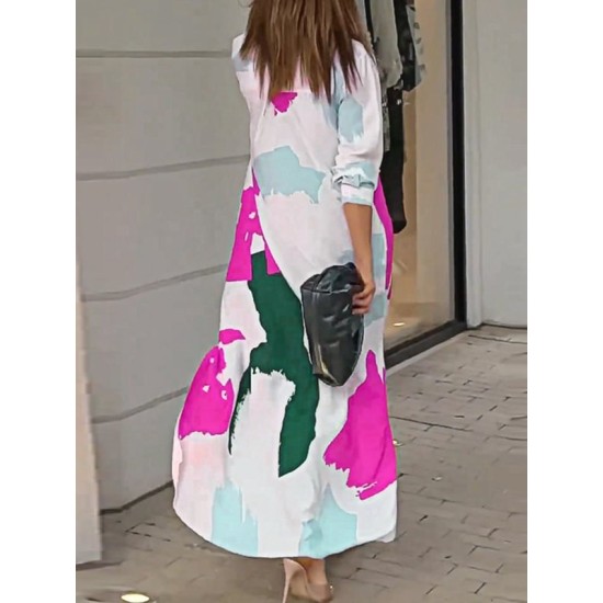 Buttoned Contrast Color Pockets Printed Split-Side Loose Wrap Shirt Dress