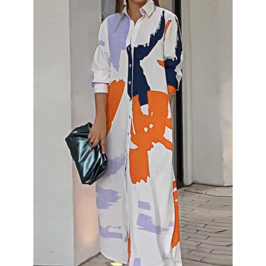 Buttoned Contrast Color Pockets Printed Split-Side Loose Wrap Shirt Dress