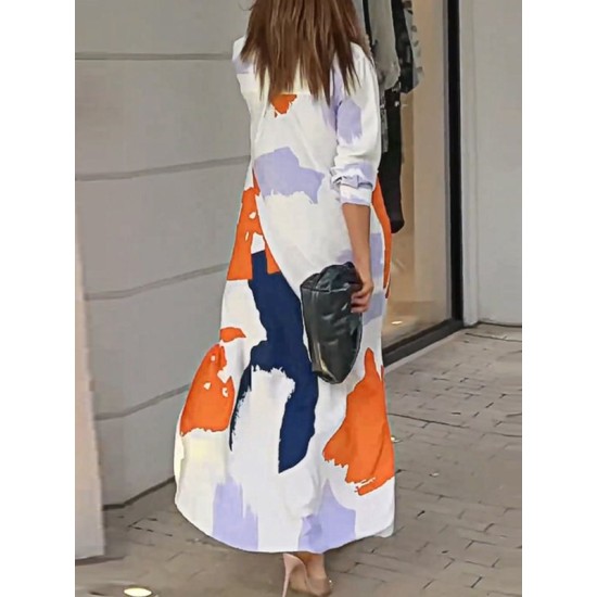 Buttoned Contrast Color Pockets Printed Split-Side Loose Wrap Shirt Dress