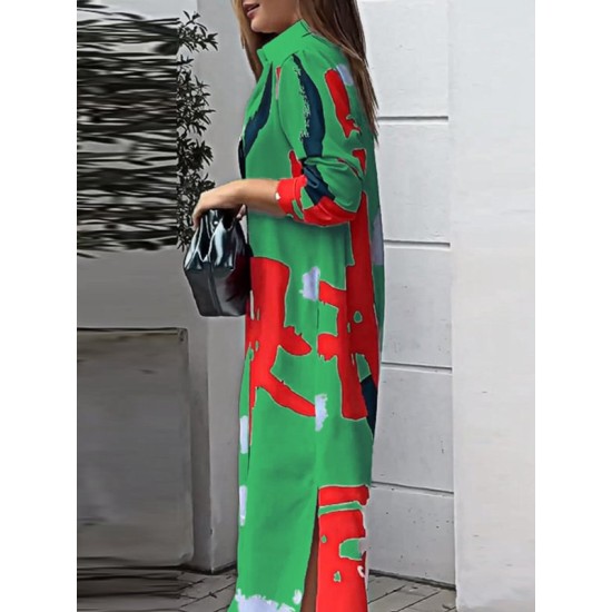 Buttoned Contrast Color Pockets Printed Split-Side Loose Wrap Shirt Dress