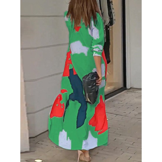 Buttoned Contrast Color Pockets Printed Split-Side Loose Wrap Shirt Dress