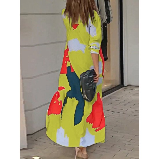 Buttoned Contrast Color Pockets Printed Split-Side Loose Wrap Shirt Dress