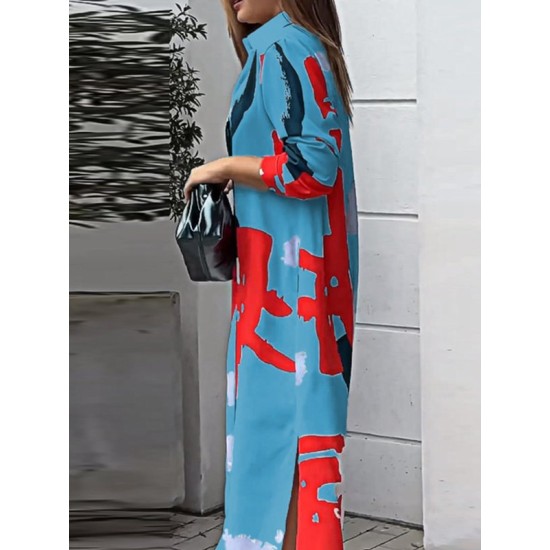 Buttoned Contrast Color Pockets Printed Split-Side Loose Wrap Shirt Dress