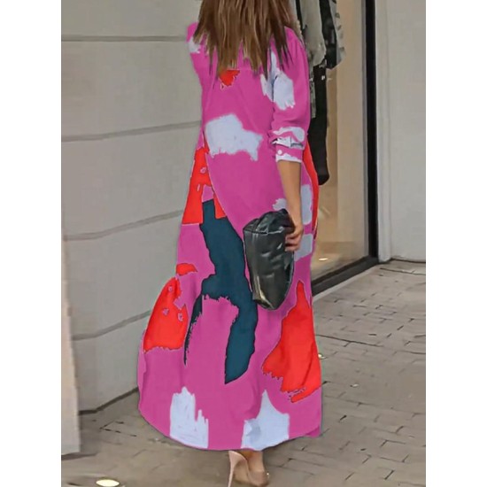 Buttoned Contrast Color Pockets Printed Split-Side Loose Wrap Shirt Dress