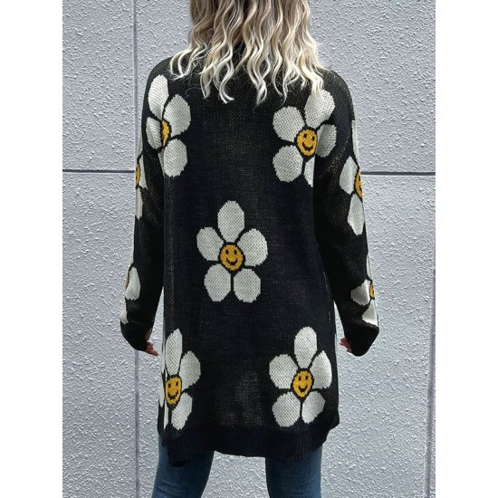 Contrast Color Knitted Flower Loose Wrap Cardigan Tops