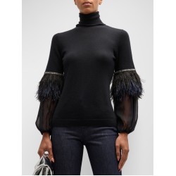 Feathers Solid Color Split-Joint Loose Wrap High-Neck T-Shirts Tops