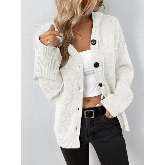 Buttoned Hooded Solid Color Wrap Cardigan