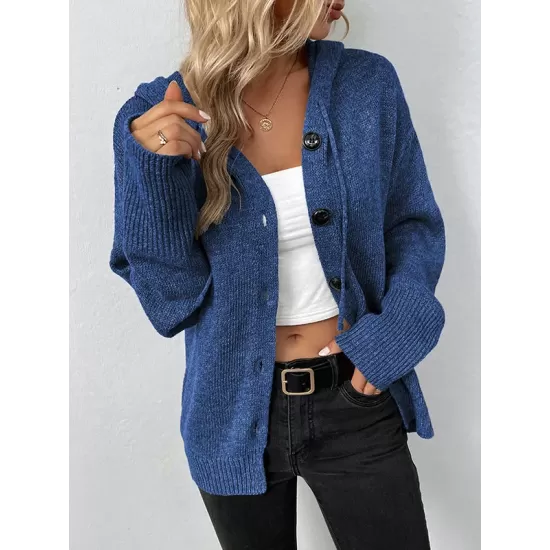 Buttoned Hooded Solid Color Wrap Cardigan