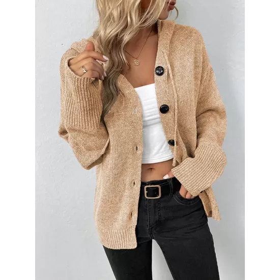 Buttoned Hooded Solid Color Wrap Cardigan