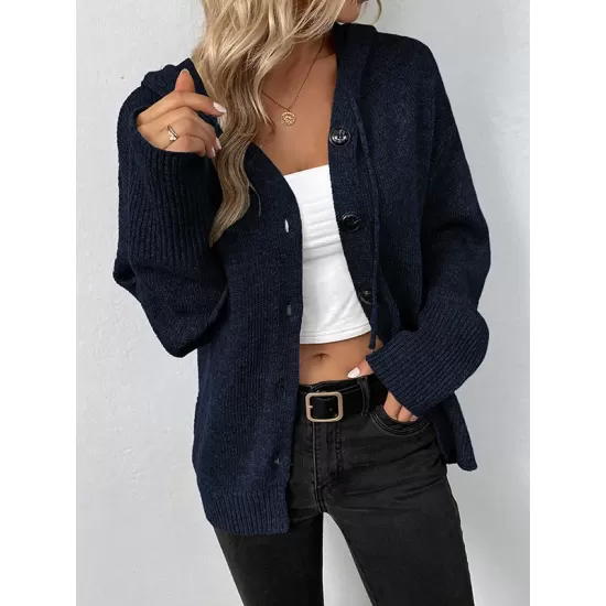 Buttoned Hooded Solid Color Wrap Cardigan