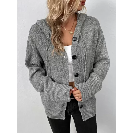 Buttoned Hooded Solid Color Wrap Cardigan