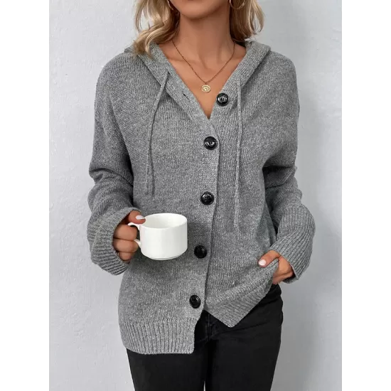 Buttoned Hooded Solid Color Wrap Cardigan