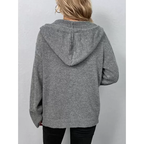 Buttoned Hooded Solid Color Wrap Cardigan