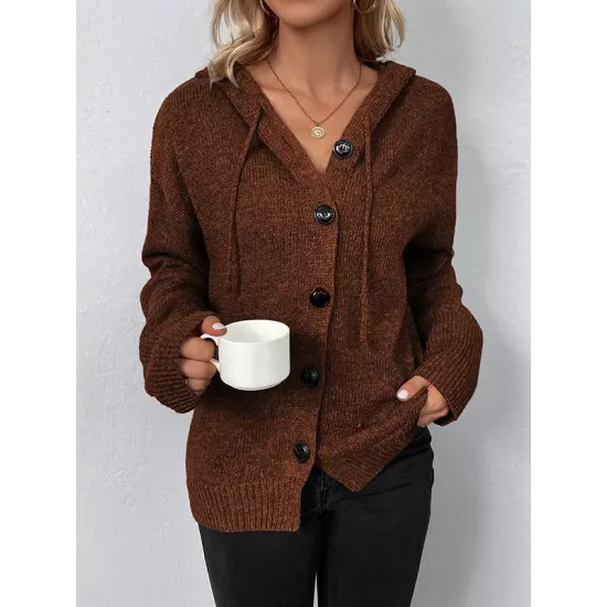 Buttoned Hooded Solid Color Wrap Cardigan