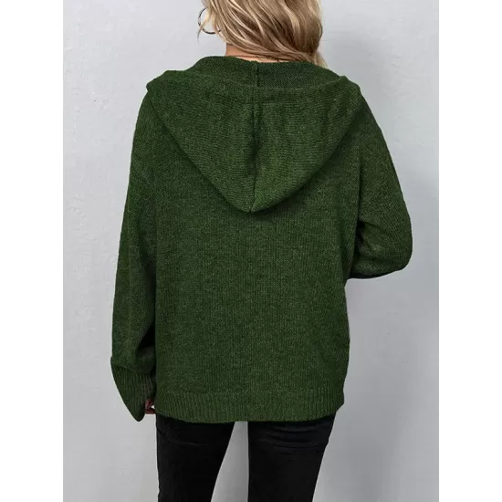 Buttoned Hooded Solid Color Wrap Cardigan