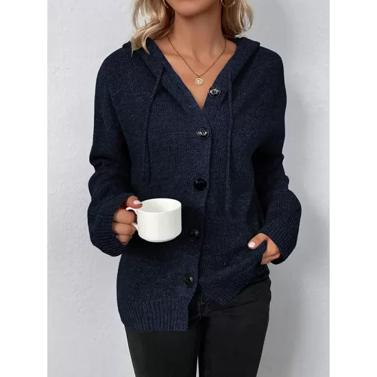 Buttoned Hooded Solid Color Wrap Cardigan