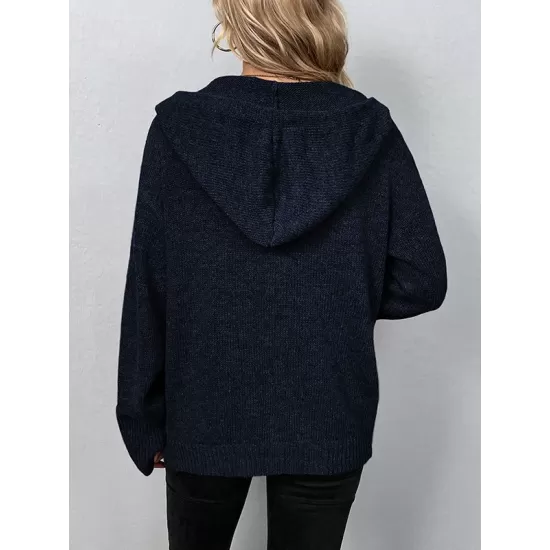 Buttoned Hooded Solid Color Wrap Cardigan