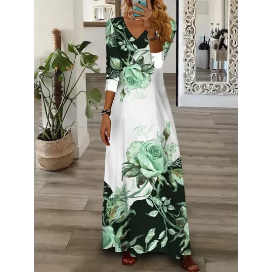 Contrast Color Flower Print Loose Wrap V-Neck Maxi Dresses