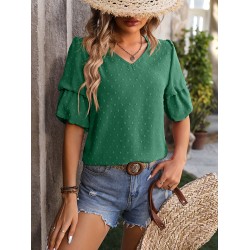 Jacquard Solid Color Puff Sleeves Wrap V-Neck T-Shirts Tops