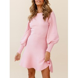 Solid Color Puff Sleeves Wrap Round-Neck Sweater Dress