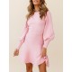 Solid Color Puff Sleeves Wrap Round-Neck Sweater Dress