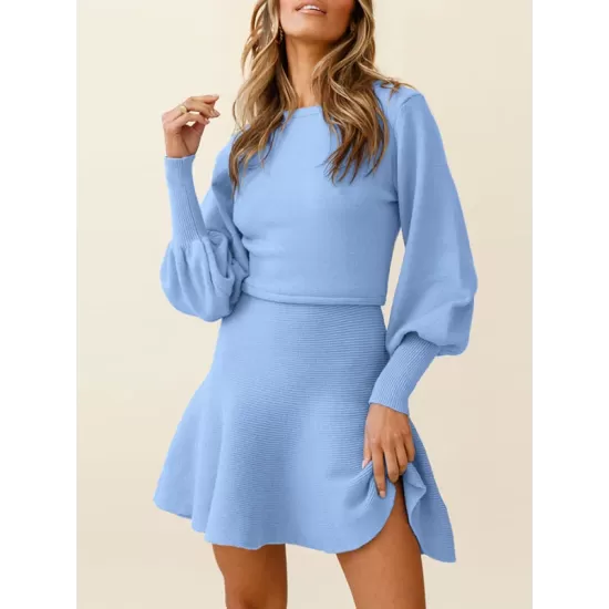 Solid Color Puff Sleeves Wrap Round-Neck Sweater Dress