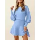 Solid Color Puff Sleeves Wrap Round-Neck Sweater Dress