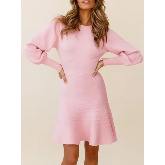 Solid Color Puff Sleeves Wrap Round-Neck Sweater Dress