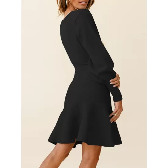 Solid Color Puff Sleeves Wrap Round-Neck Sweater Dress