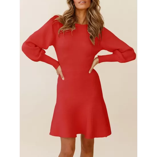 Solid Color Puff Sleeves Wrap Round-Neck Sweater Dress