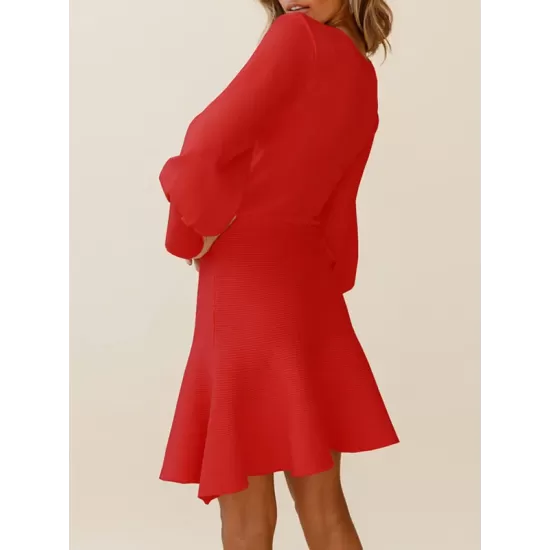 Solid Color Puff Sleeves Wrap Round-Neck Sweater Dress