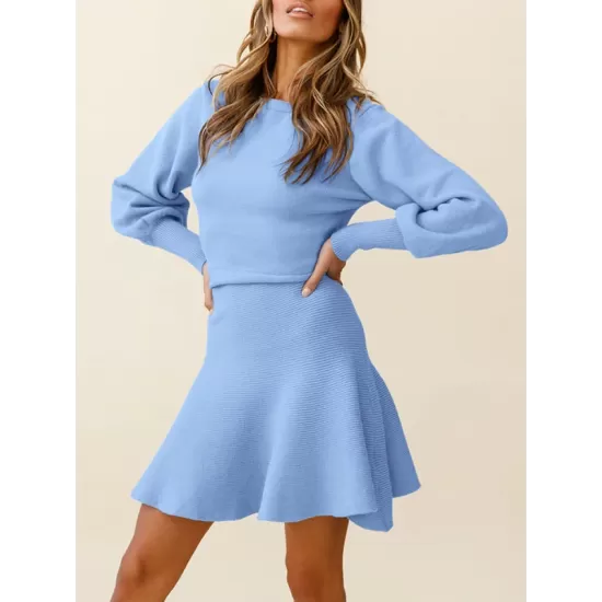 Solid Color Puff Sleeves Wrap Round-Neck Sweater Dress