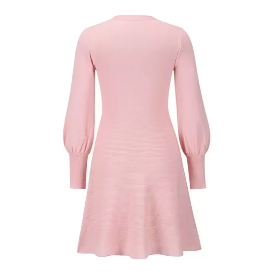 Solid Color Puff Sleeves Wrap Round-Neck Sweater Dress